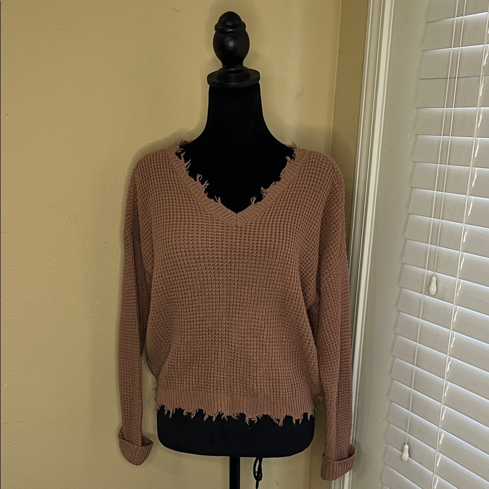 moon & madison Frayed Pinkish Tan V-Neck Sweater
